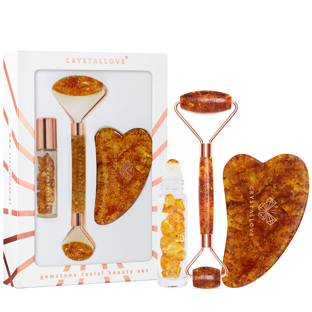crystallove cognac amber beauty set roller do twarzy z bursztynu koniak - plytka gua sha z bursztynu - buteleczka roll-on