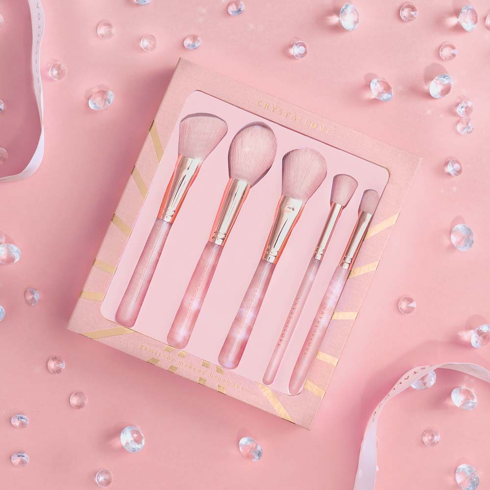 crystallove zestaw pędzli z kwarcu rozowego - rose quartz makeup brushes set