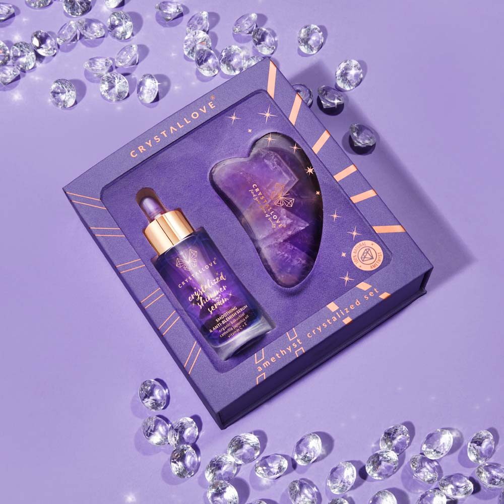 crystallove amethyst crystalized set - serum do twarzy z ametystem i płytka do masażu gua sha z ametystu