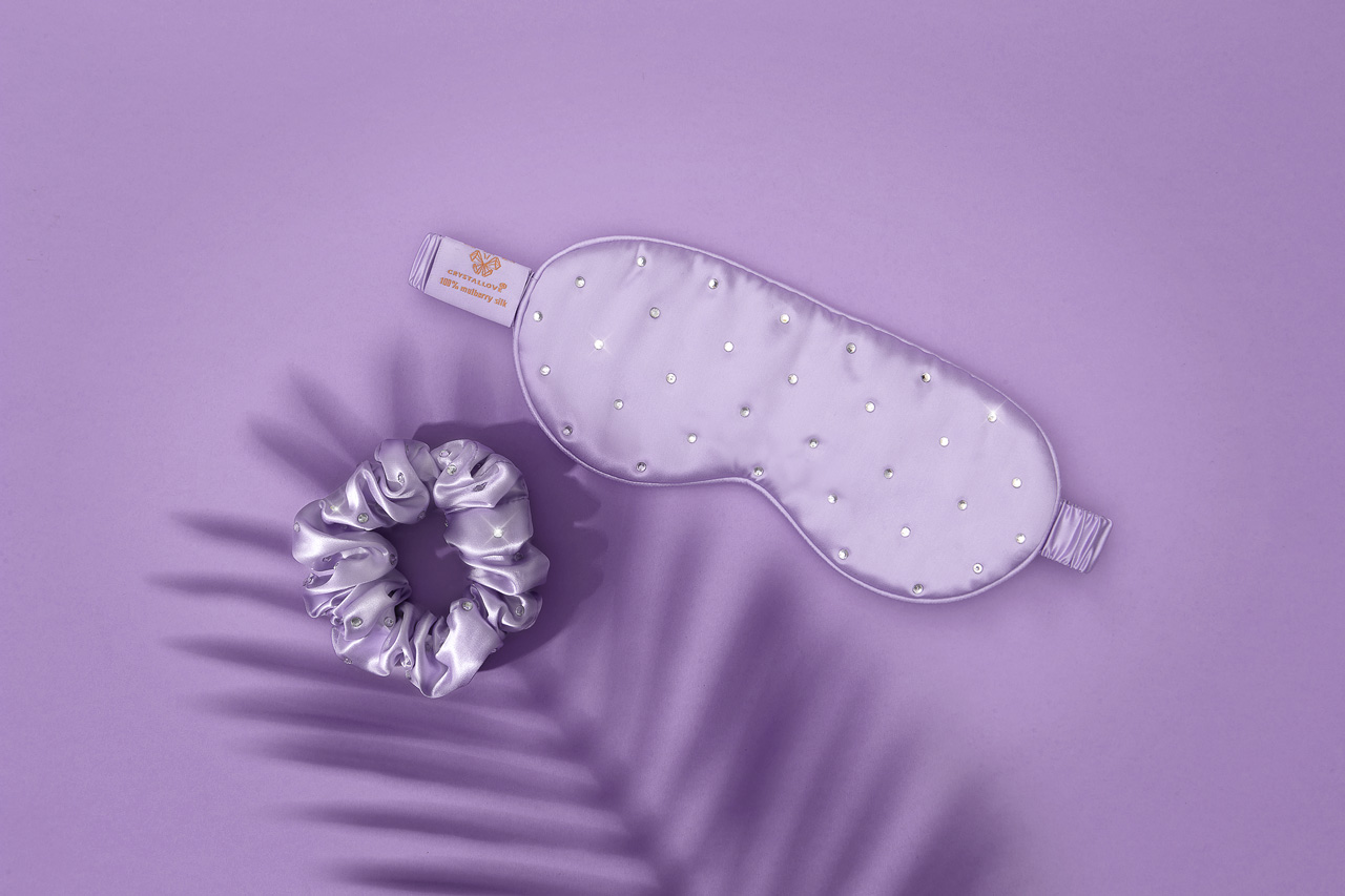 crystallove opaska na oczy z jedwabiu i gumka liliowa