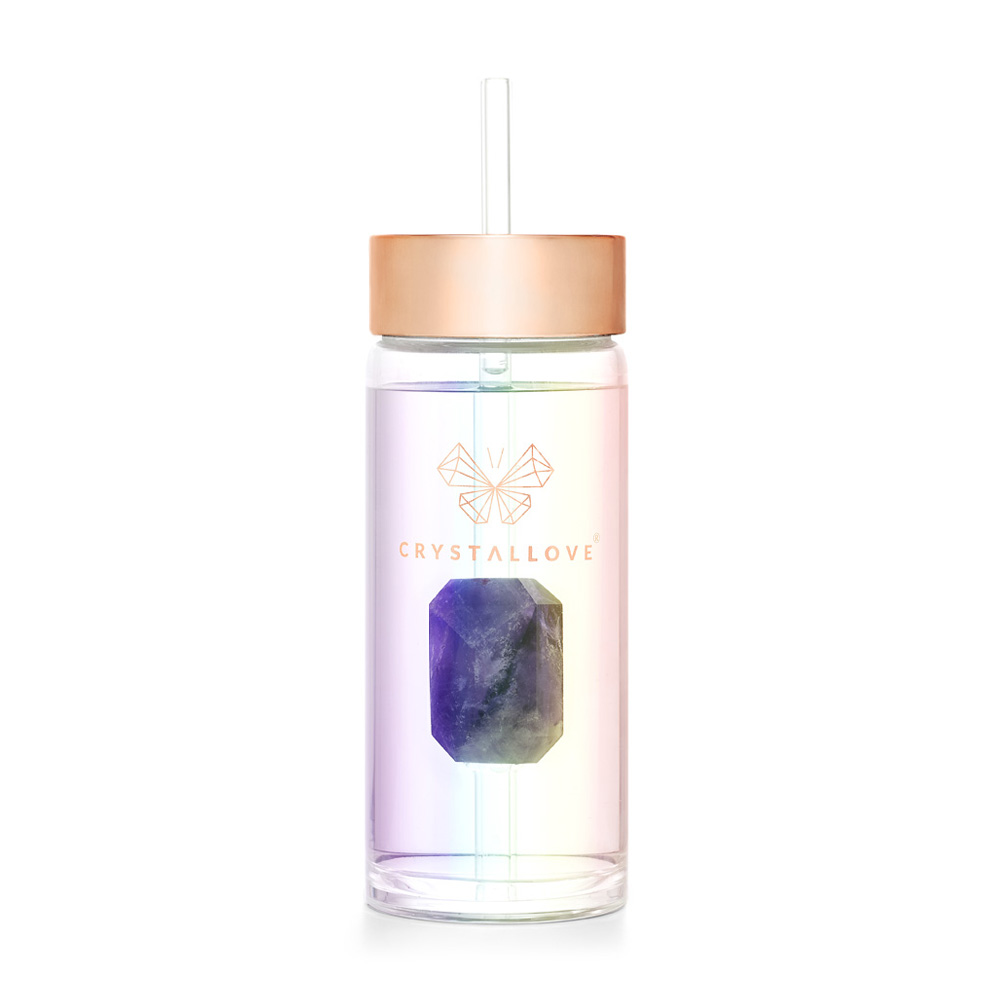crystallove szklana butelka na wodę z ametystem i słomką 400ml - hologram