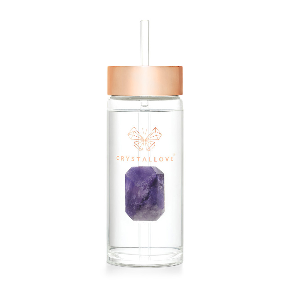 crystallove szklana butelka na wodę z ametystem i słomką 400ml
