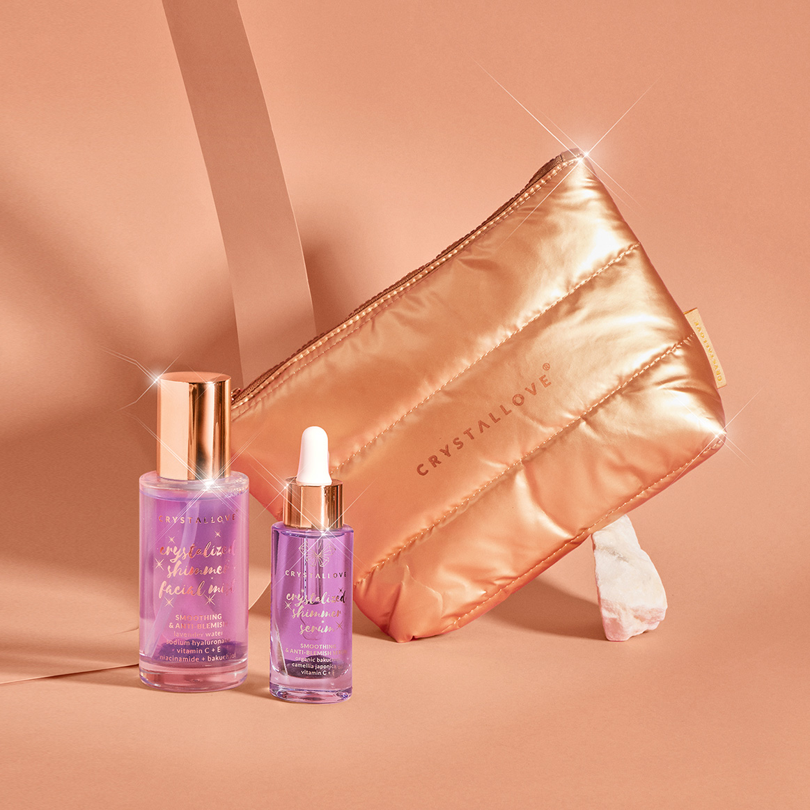 Amethyst Skincare Duo – serum i mgiełka do twarzy z ametystem oraz złota kosmetyczka CRYSTALLOVE